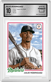 Julio Rodriguez from the 2022 Topps Archives set graded by Arena Club and given an overall grade of 10.