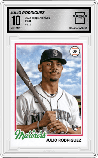 Julio Rodriguez from the 2022 Topps Archives set graded by Arena Club and given an overall grade of 10.