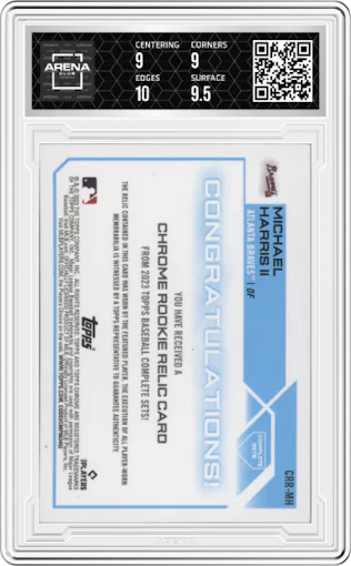 Michael Harris II from the 2023 Topps Complete set graded by Arena Club and given an overall grade of 9.5.