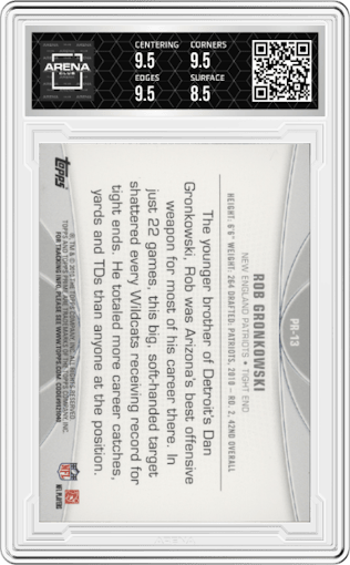 Rob Gronkowski from the 2010 Topps Prime set graded by Arena Club and given an overall grade of 9.