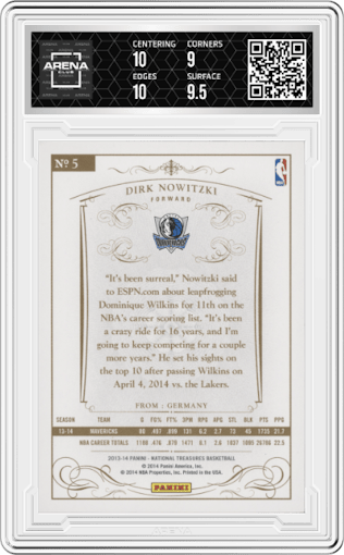 Dirk Nowitzki from the 2013-14 Panini National Treasures set featuring a Gold parallel graded by Arena Club and given an overall grade of 9.5.