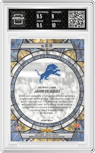 Jahmyr Gibbs from the 2023 Panini Mosaic set graded by Arena Club and given an overall grade of 9.5.