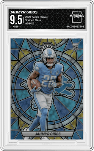 Jahmyr Gibbs from the 2023 Panini Mosaic set graded by Arena Club and given an overall grade of 9.5.