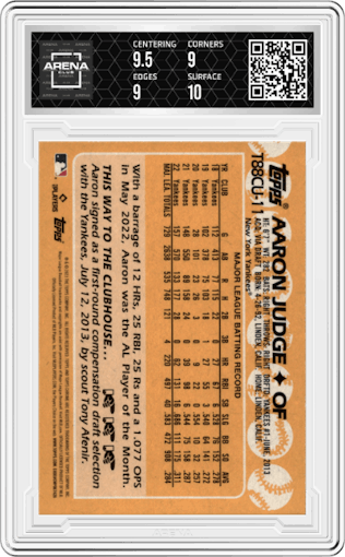 Aaron Judge from the 2023 Topps Silver Pack set graded by Arena Club and given an overall grade of 9.5.