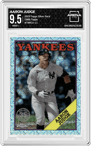 Aaron Judge from the 2023 Topps Silver Pack set graded by Arena Club and given an overall grade of 9.5.