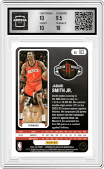 Jabari Smith Jr. from the 2022-23 Panini Chronicles  set featuring a Gold parallel graded by Arena Club and given an overall grade of 10.