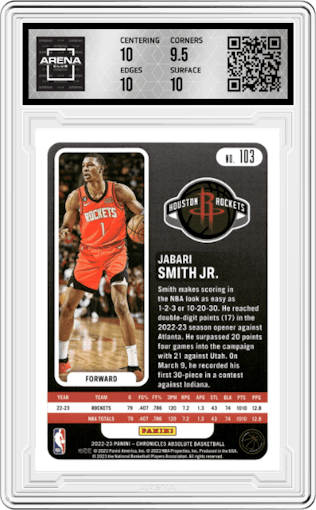 Jabari Smith Jr. from the 2022-23 Panini Chronicles  set featuring a Gold parallel graded by Arena Club and given an overall grade of 10.