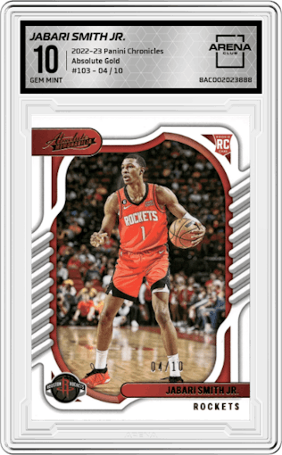 Jabari Smith Jr. from the 2022-23 Panini Chronicles  set featuring a Gold parallel graded by Arena Club and given an overall grade of 10.