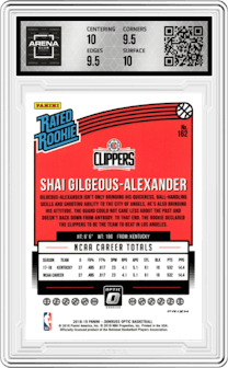 Shai Gilgeous-Alexander from the 2018-19 Panini Donruss Optic set featuring a Shock parallel graded by Arena Club and given an overall grade of 10.