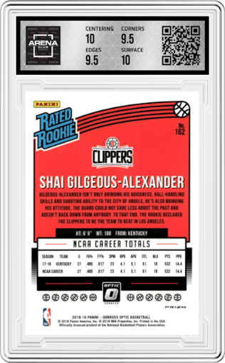 Shai Gilgeous-Alexander from the 2018-19 Panini Donruss Optic set featuring a Shock parallel graded by Arena Club and given an overall grade of 10.