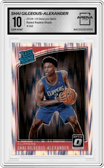 Shai Gilgeous-Alexander from the 2018-19 Panini Donruss Optic set featuring a Shock parallel graded by Arena Club and given an overall grade of 10.