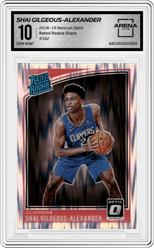 Shai Gilgeous-Alexander from the 2018-19 Panini Donruss Optic set featuring a Shock parallel graded by Arena Club and given an overall grade of 10.