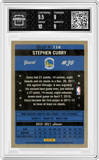 Stephen Curry from the 2011-12 Panini Past & Present set graded by Arena Club and given an overall grade of 9.5.