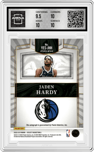 Jaden Hardy from the 2022-23 Panini Select set featuring a Green Ice parallel graded by Arena Club and given an overall grade of 10.