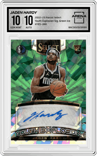 Jaden Hardy from the 2022-23 Panini Select set featuring a Green Ice parallel graded by Arena Club and given an overall grade of 10.