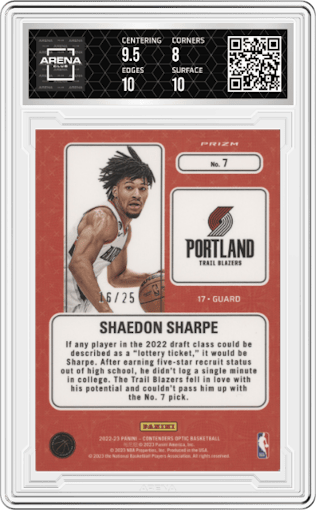 Shaedon Sharpe from the 2022-23 Panini Contenders Optic set featuring a Green Pulsar parallel graded by Arena Club and given an overall grade of 8.5.