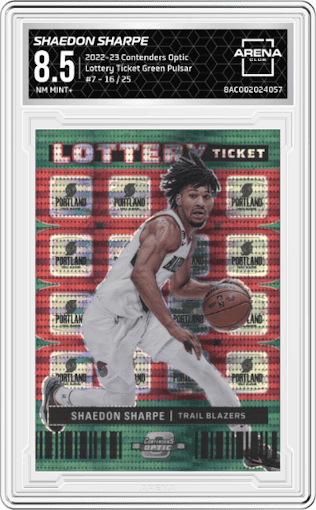 Shaedon Sharpe from the 2022-23 Panini Contenders Optic set featuring a Green Pulsar parallel graded by Arena Club and given an overall grade of 8.5.