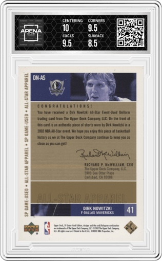 Dirk Nowitzki from the 2002-03 SP Game Used set featuring a Gold  parallel graded by Arena Club and given an overall grade of 9.