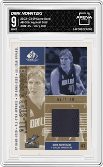 Dirk Nowitzki from the 2002-03 SP Game Used set featuring a Gold  parallel graded by Arena Club and given an overall grade of 9.