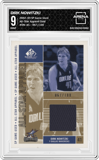 Dirk Nowitzki from the 2002-03 SP Game Used set featuring a Gold  parallel graded by Arena Club and given an overall grade of 9.