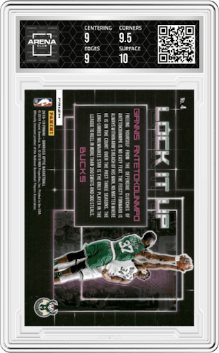 Giannis Antetokounmpo from the 2018-19 Panini Donruss Optic set graded by Arena Club and given an overall grade of 9.5.
