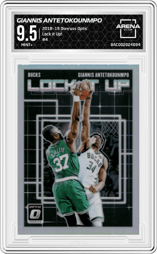 Giannis Antetokounmpo from the 2018-19 Panini Donruss Optic set graded by Arena Club and given an overall grade of 9.5.