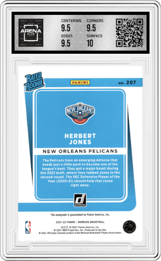 Herbert Jones from the 2021-22 Panini Donruss set featuring a Choice  parallel graded by Arena Club and given an overall grade of 10.