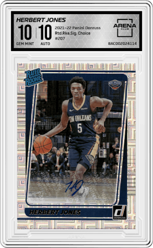 Herbert Jones from the 2021-22 Panini Donruss set featuring a Choice  parallel graded by Arena Club and given an overall grade of 10.