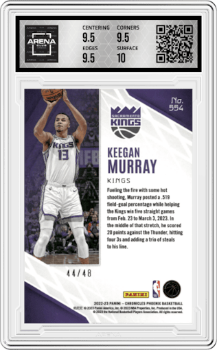 Keegan Murray from the 2022-23 Panini Chronicles  set featuring a Asia Red parallel graded by Arena Club and given an overall grade of 10.