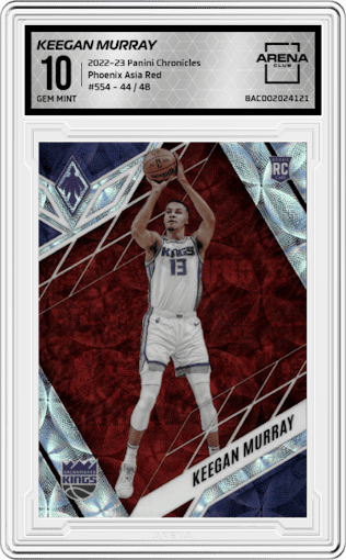 Keegan Murray from the 2022-23 Panini Chronicles  set featuring a Asia Red parallel graded by Arena Club and given an overall grade of 10.