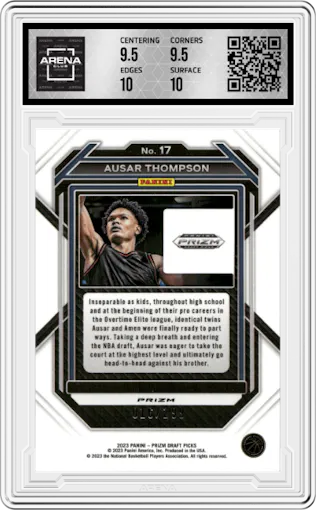 Ausar Thompson  from the 2023-24 Panini Prizm Draft Picks set featuring a Red Prizm parallel graded by Arena Club and given an overall grade of 10.