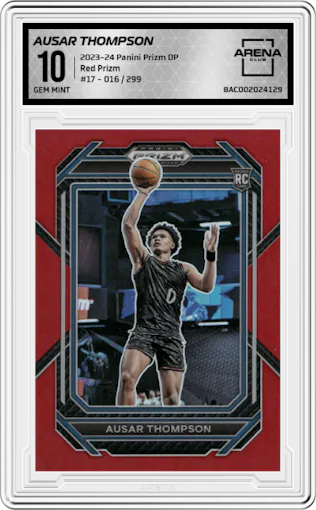 Ausar Thompson  from the 2023-24 Panini Prizm Draft Picks set featuring a Red Prizm parallel graded by Arena Club and given an overall grade of 10.