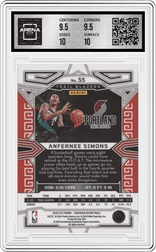 Anfernee Simons from the 2022-23 Panini Obsidian set featuring a Electric Etch White Pulsar parallel graded by Arena Club and given an overall grade of 10.
