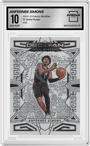 Anfernee Simons from the 2022-23 Panini Obsidian set featuring a Electric Etch White Pulsar parallel graded by Arena Club and given an overall grade of 10.