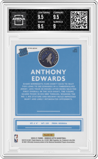Anthony Edwards from the 2020-21 Panini Donruss Optic set featuring a Blue Velocity  parallel graded by Arena Club and given an overall grade of 9.5.