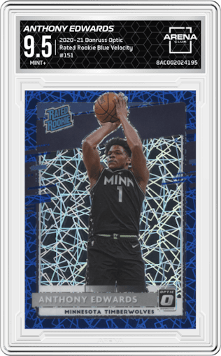 Anthony Edwards from the 2020-21 Panini Donruss Optic set featuring a Blue Velocity  parallel graded by Arena Club and given an overall grade of 9.5.
