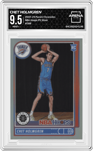 Chet Holmgren from the 2022-23 Panini Chronicles  set featuring a Silver parallel graded by Arena Club and given an overall grade of 9.5.