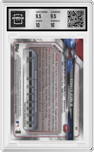 Ronald Acuna Jr. from the 2018 Bowman Chrome set graded by Arena Club and given an overall grade of 10.