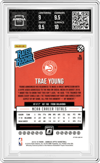 Trae Young from the 2018-19 Panini Donruss Optic set featuring a Shock parallel graded by Arena Club and given an overall grade of 9.5.