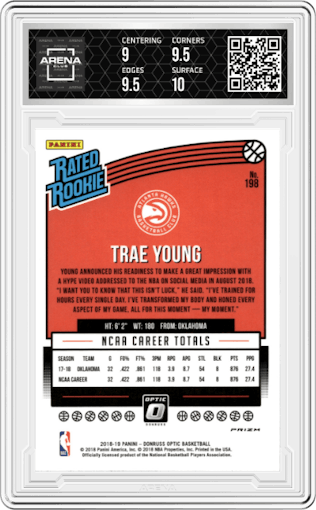 Trae Young from the 2018-19 Panini Donruss Optic set featuring a Shock parallel graded by Arena Club and given an overall grade of 9.5.