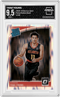 Trae Young from the 2018-19 Panini Donruss Optic set featuring a Shock parallel graded by Arena Club and given an overall grade of 9.5.