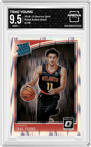 Trae Young from the 2018-19 Panini Donruss Optic set featuring a Shock parallel graded by Arena Club and given an overall grade of 9.5.