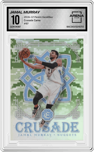 Jamal Murray from the 2016-17 Panini Excalibur set featuring a Camo parallel graded by Arena Club and given an overall grade of 10.