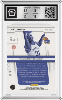 JOEL EMBIID from the 2022-23 Panini Prizm Draft Picks set featuring a Mojo parallel graded by Arena Club and given an overall grade of 10.