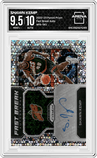 Shawn Kemp from the 2022-23 Panini Prizm  set graded by Arena Club and given an overall grade of 9.5.
