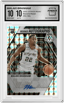 Malaki Branham from the 2022-23 Panini Mosaic set featuring a Mosaic parallel graded by Arena Club and given an overall grade of 10.
