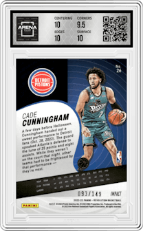 Cade Cunningham from the 2022-23 Panini Revolution  set featuring a Impact parallel graded by Arena Club and given an overall grade of 10.
