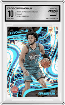Cade Cunningham from the 2022-23 Panini Revolution  set featuring a Impact parallel graded by Arena Club and given an overall grade of 10.
