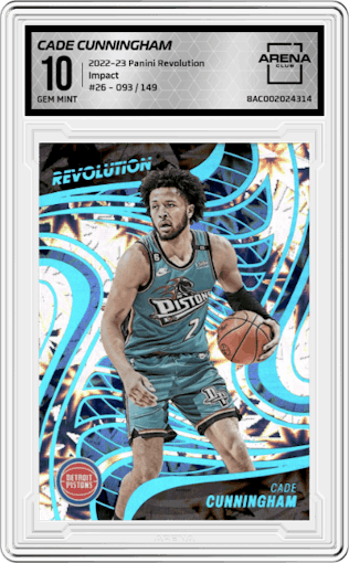 Cade Cunningham from the 2022-23 Panini Revolution  set featuring a Impact parallel graded by Arena Club and given an overall grade of 10.