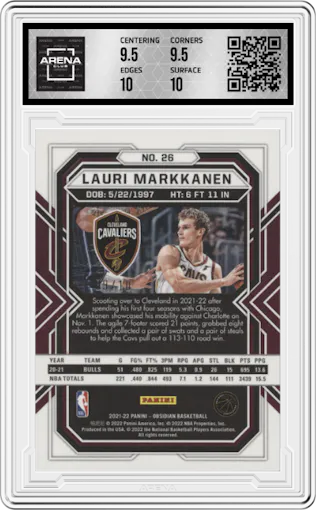 Lauri Markkanen from the 2021-22 Panini Obsidian set featuring a Electric Etch Yellow Flood parallel graded by Arena Club and given an overall grade of 10.